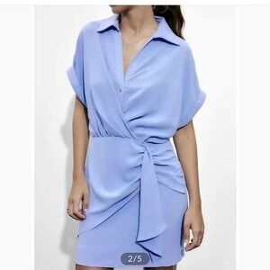 Micas Woven Mini‎ Dress Short Sleeve Tie Waist Collared Casual Blue Size S